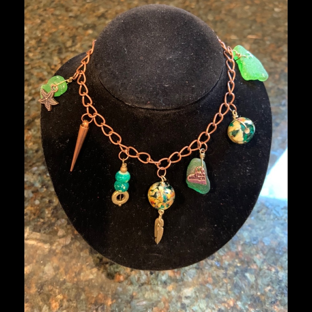 Hand crafted Lamp work bead and sea glass bracelet